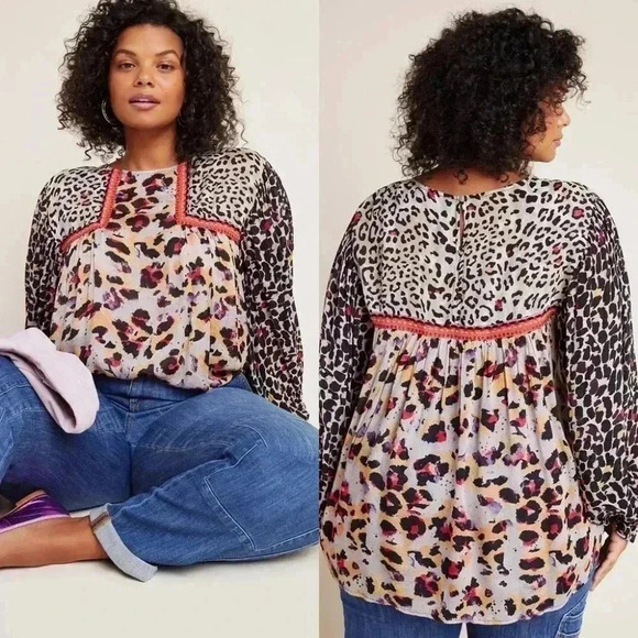 Anthropologie Bl-nk Joelle Leopard Peasant Blouse Size XS NWT - Picture 14 of 15